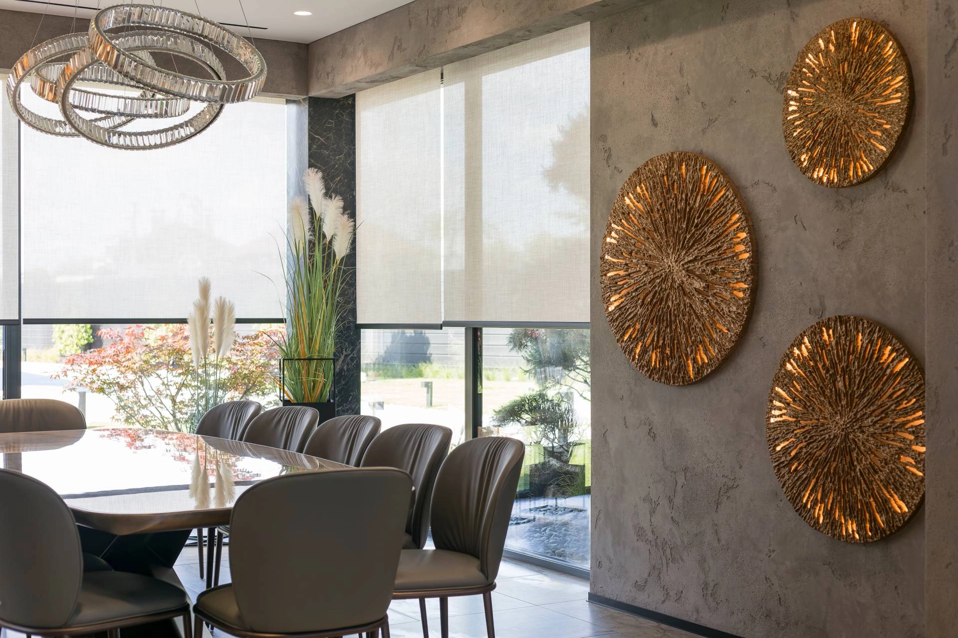 Modern dining room with solar shades blocking light near Beaufort, NC