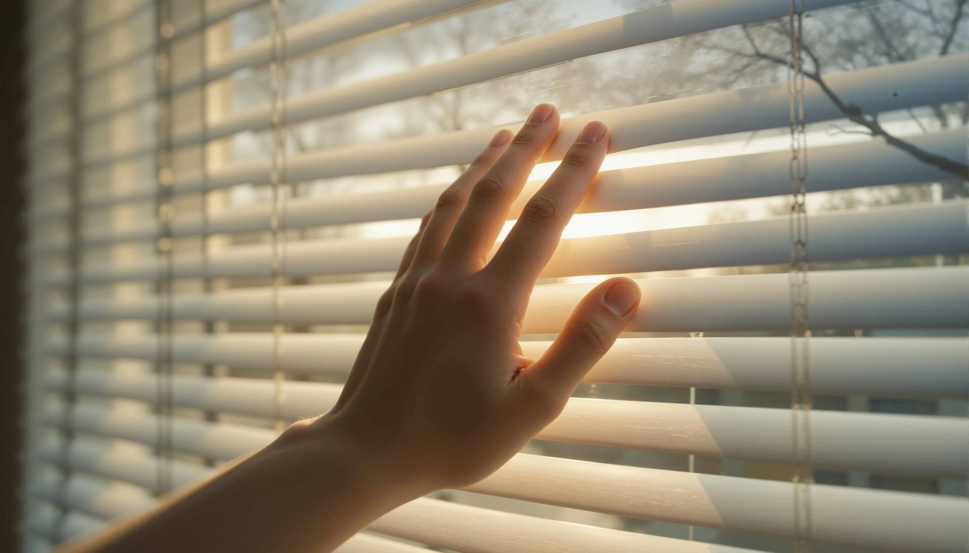Someone reaching out to touch some white venetian blinds at Mr. K’s Fabric Shop near Quincy, IL