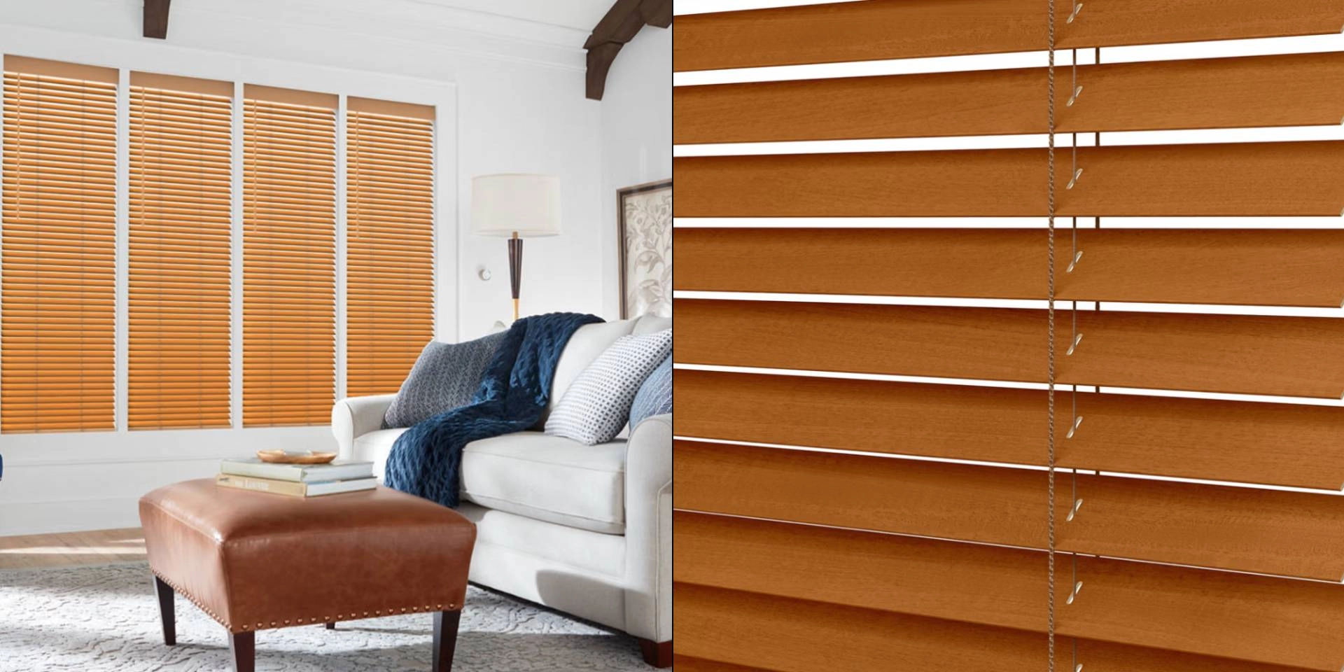Hunter Douglas cherry wood window blinds in a living room, and a detailed image
