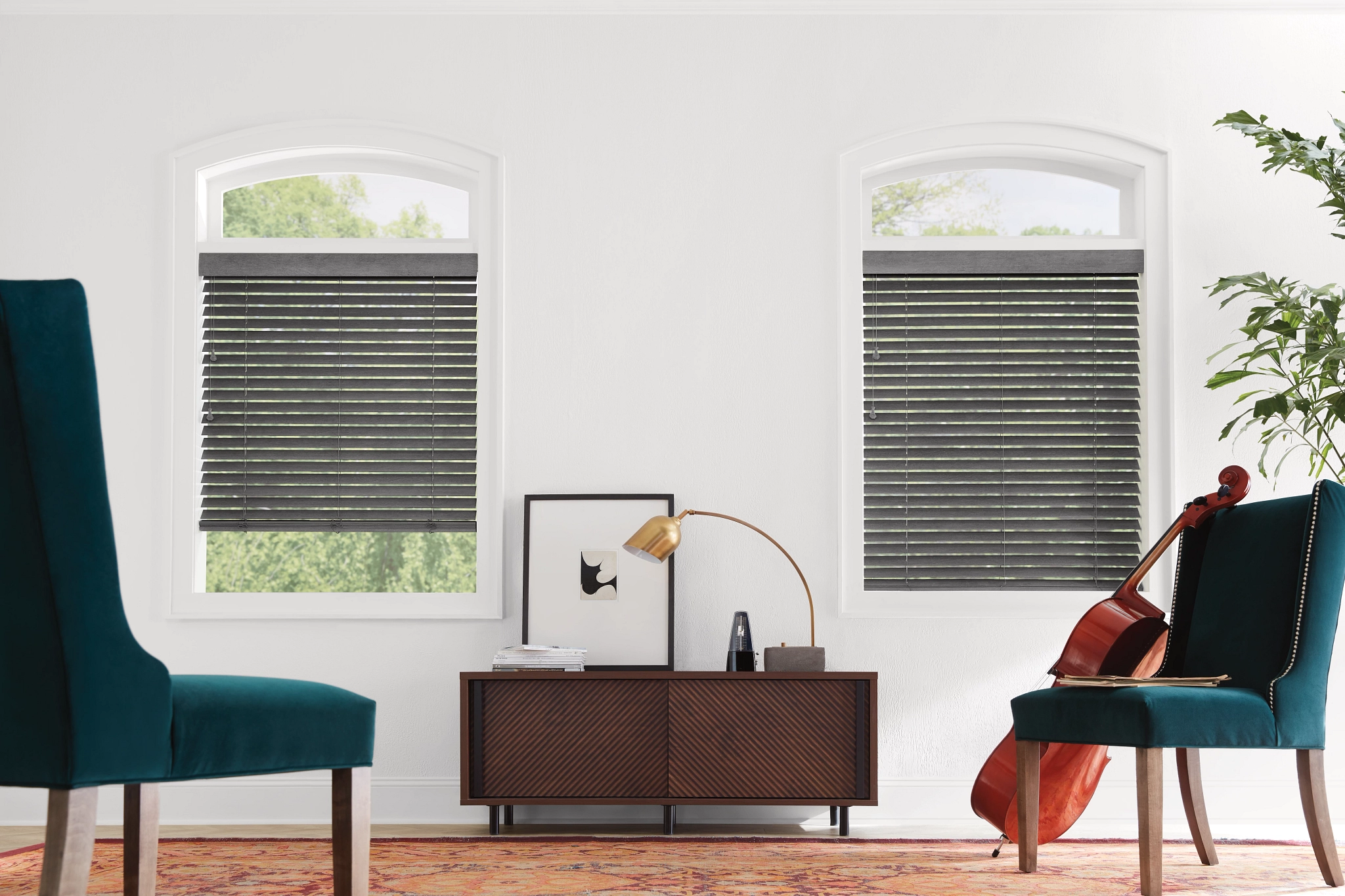 Contemporary wood blinds covering two windows near Rohnert Park, CA.
