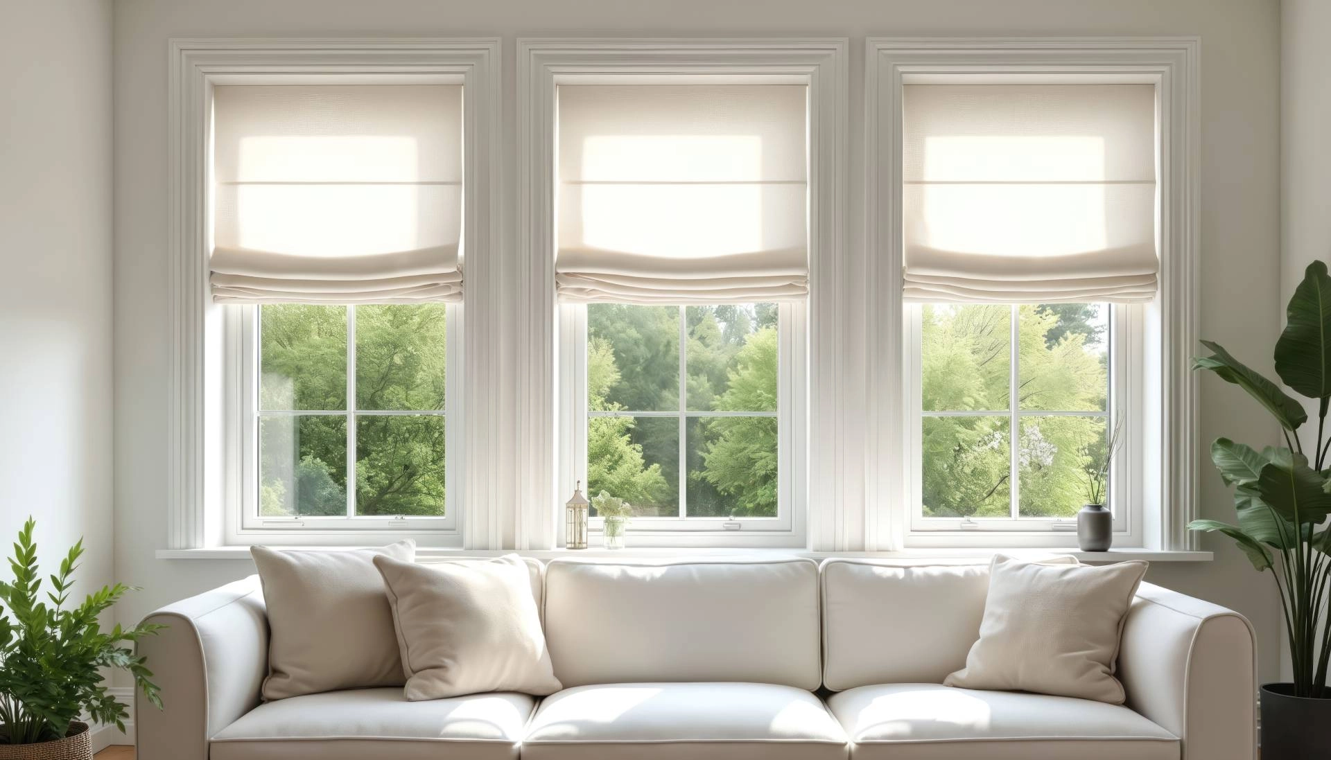 Three Roman shades on a set of living room windows near O’Fallon, MO