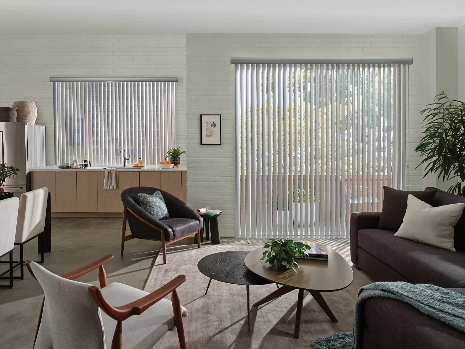 Somner® Vertical Blinds as window covering ideas for sliding glass doors in a living room near Hayden, ID