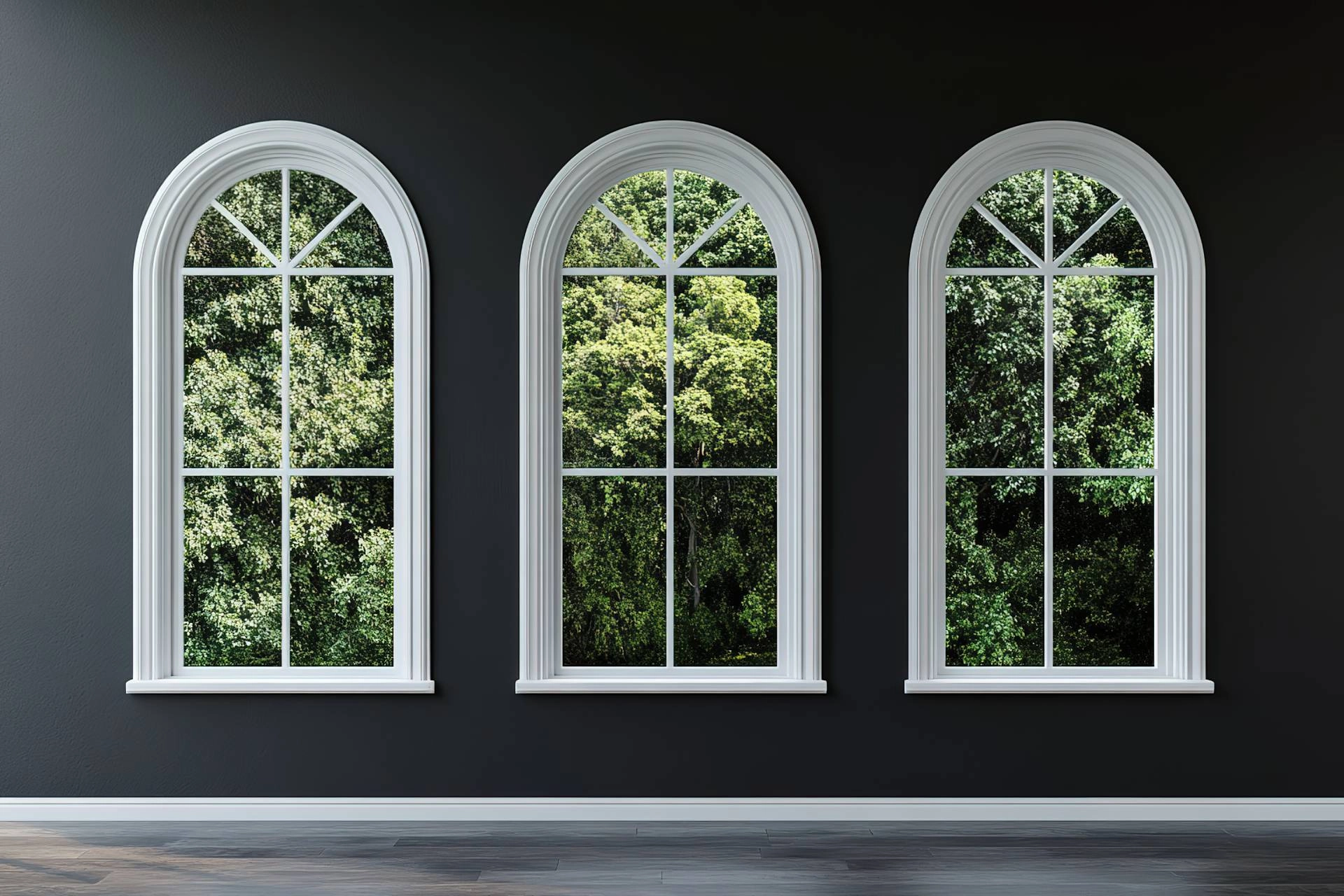 Three arched windows with a view of the forest outside near Apex, NC