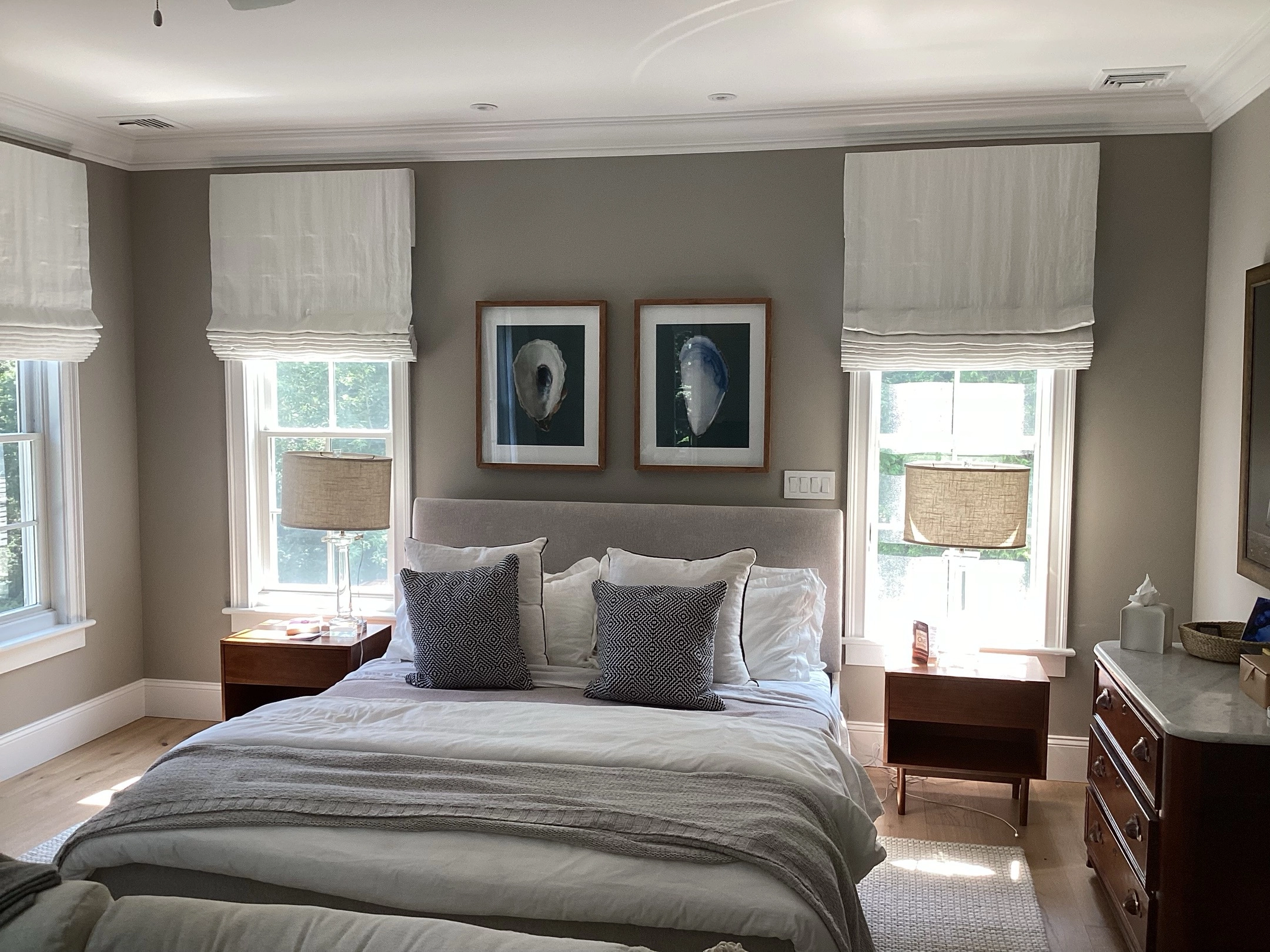 Bedroom windows with shades.