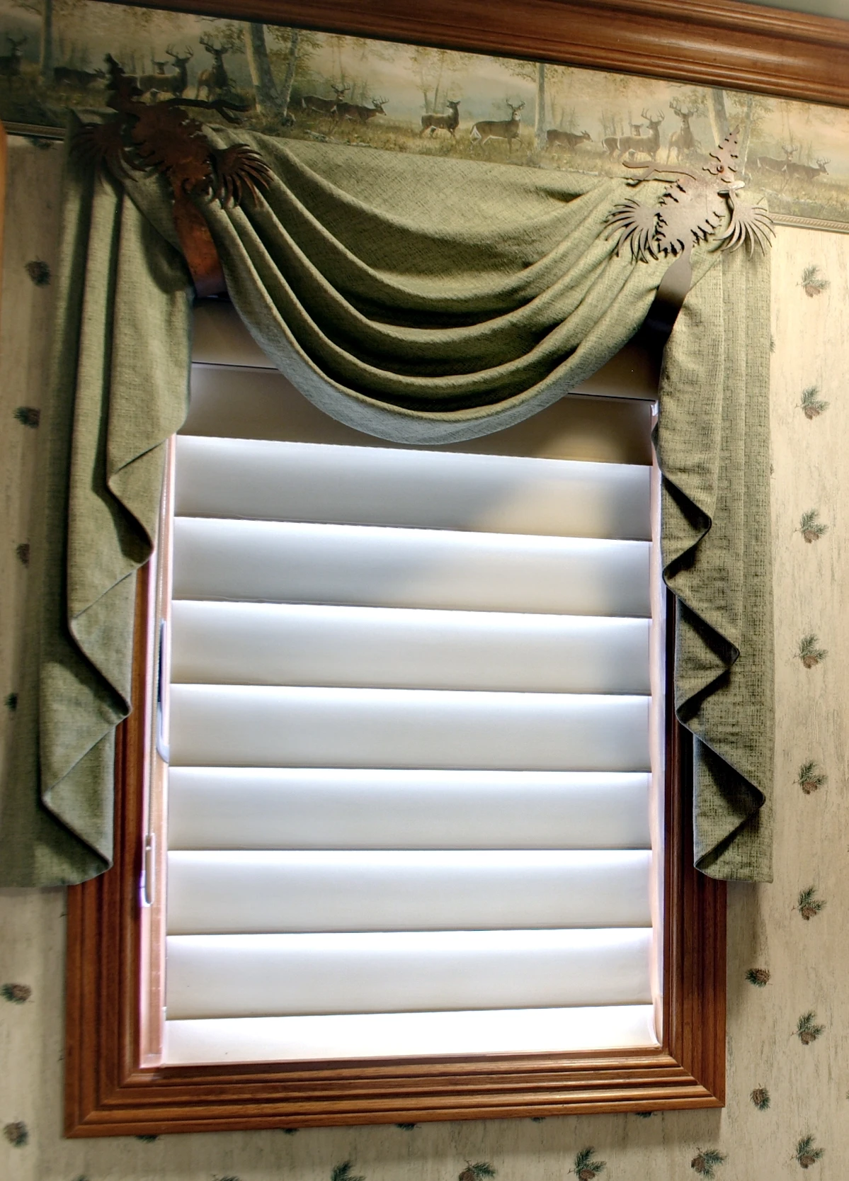 A window with Hunter Douglas blinds.