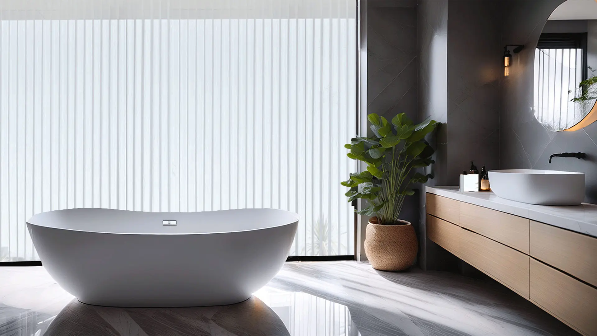 Bathroom with long panel shades.