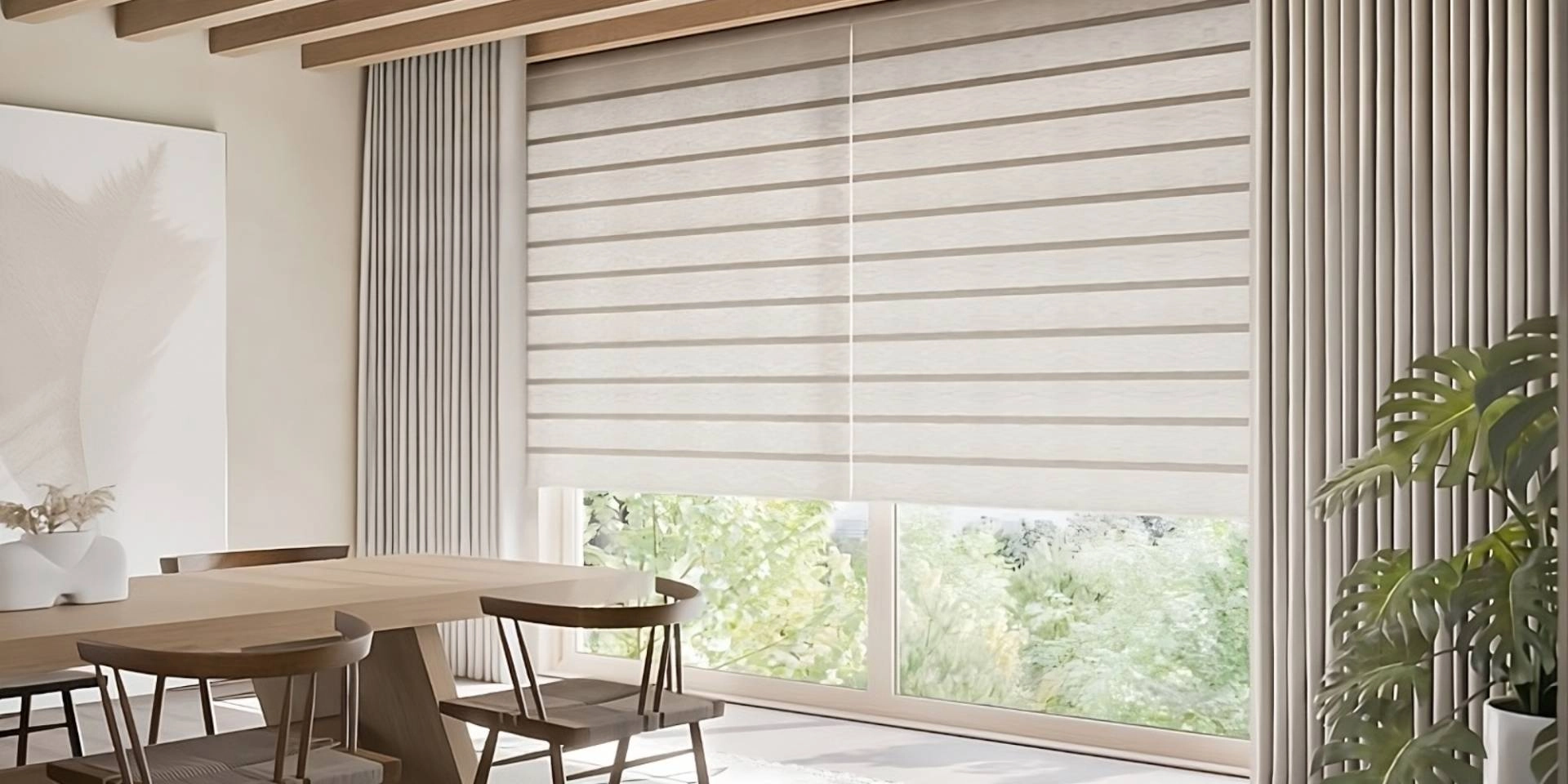 Hunter Douglas Vignette® Roman Shades, featuring the Top-Down/Bottom-Up enhancement, on windows in a trendy dining room