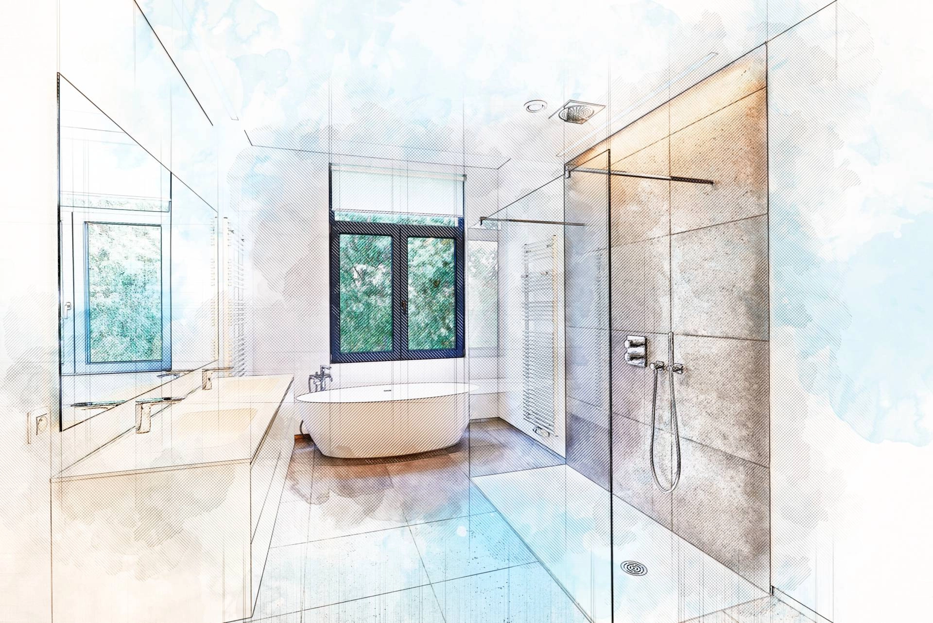 A sketch of a bathroom design, including window treatments at Rainey's Decorating Center near Arlington Heights, Illinois (IL)