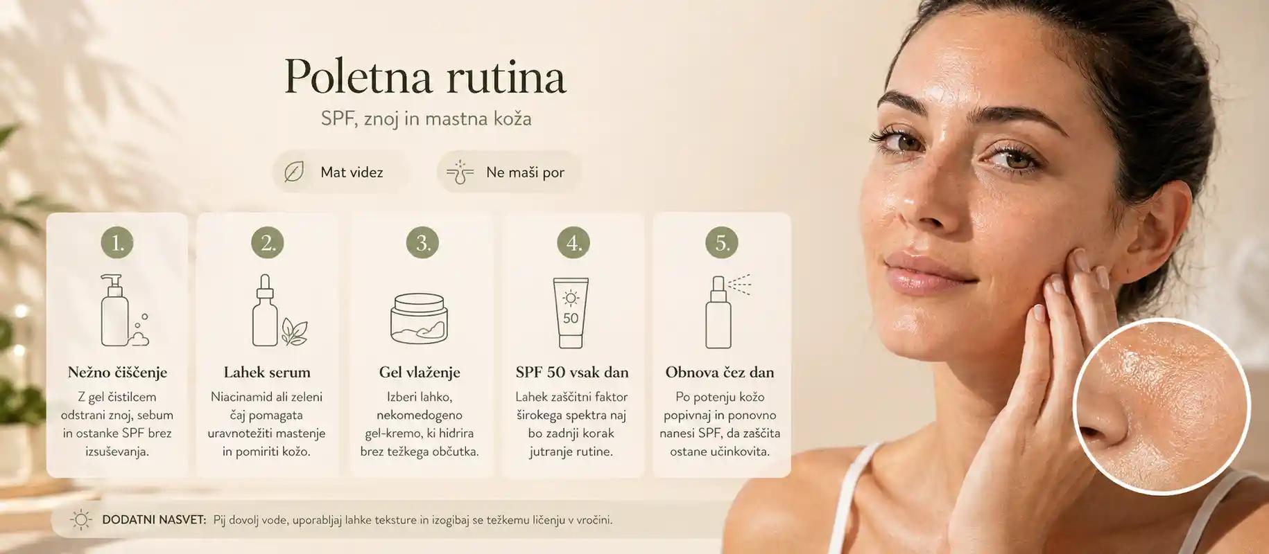 Poletna rutina — SPF, znoj in mastna koža