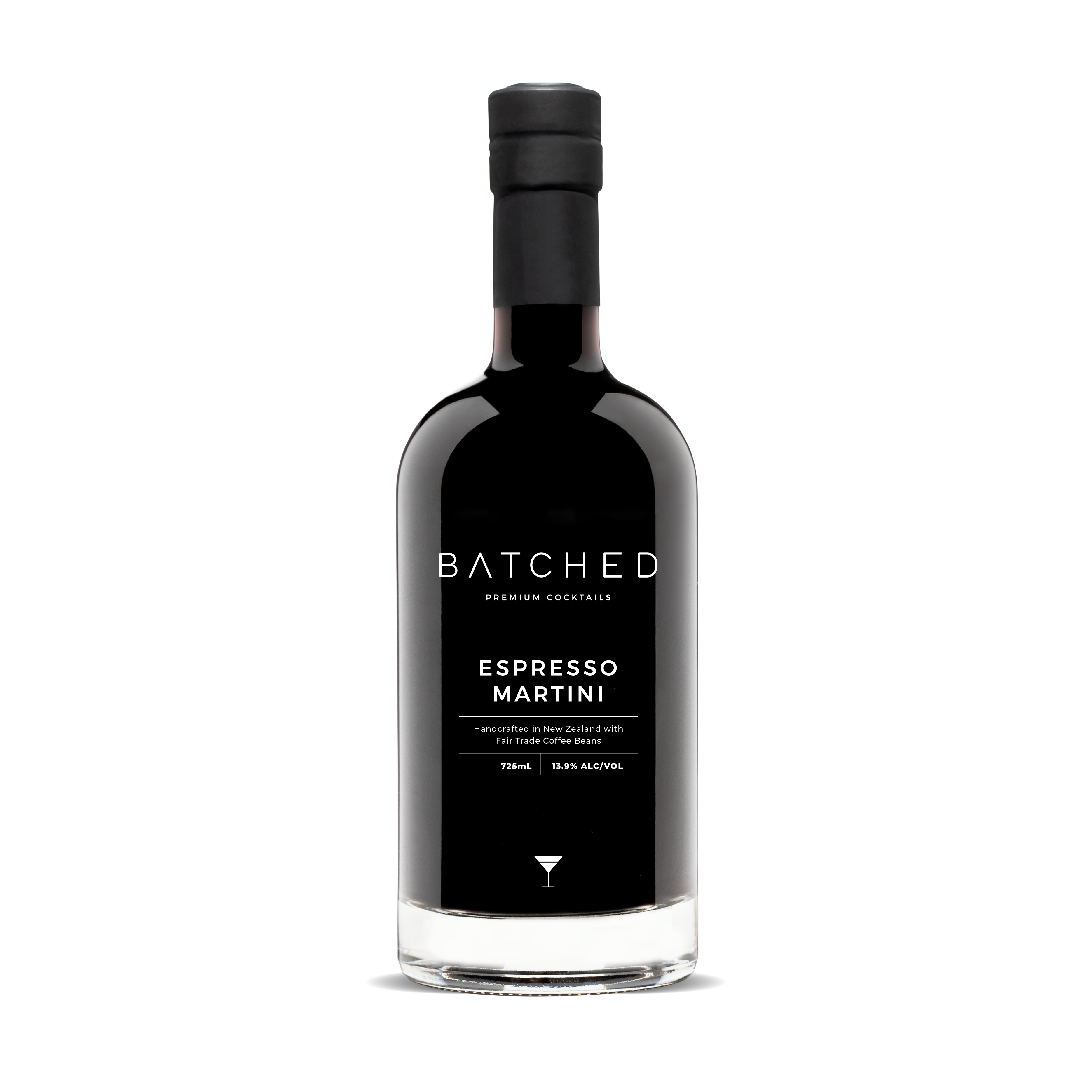 Batched Espresso Martini bottle with blank background