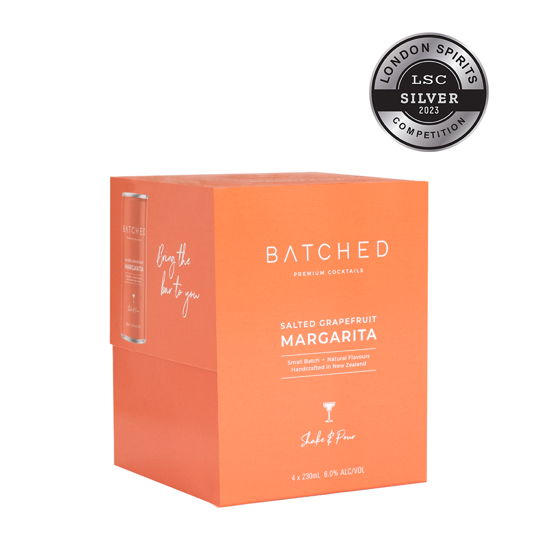 Batched Salted Grapefruit Margarita box with silver medal