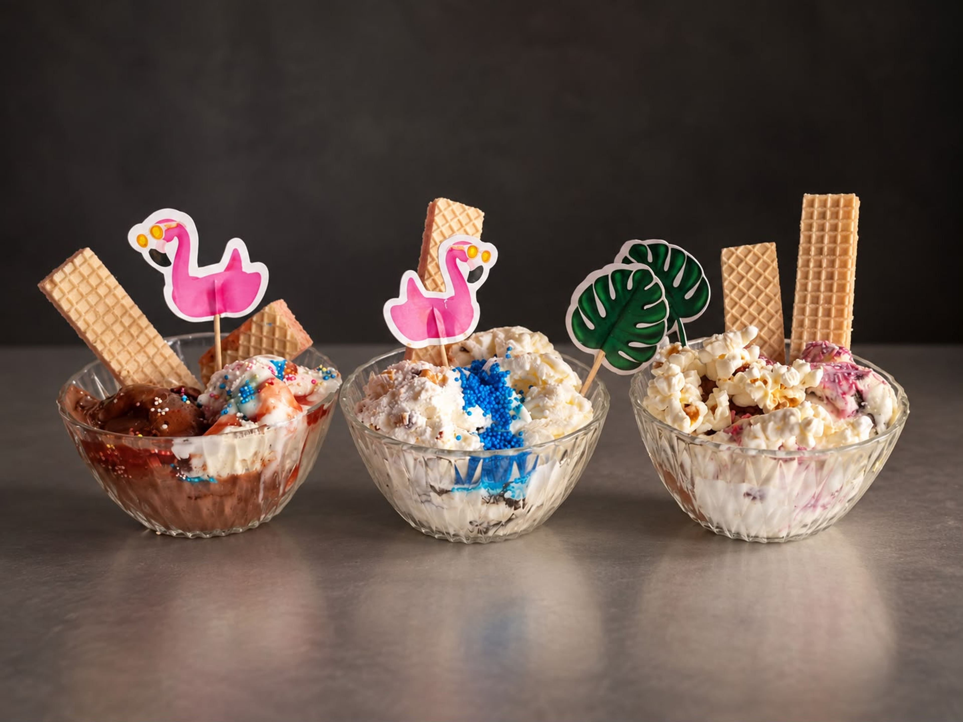 Three ice cream servings in glass bowls: chocolate, vanilla and berry, topped with wafer biscuits, sprinkles and popcorn