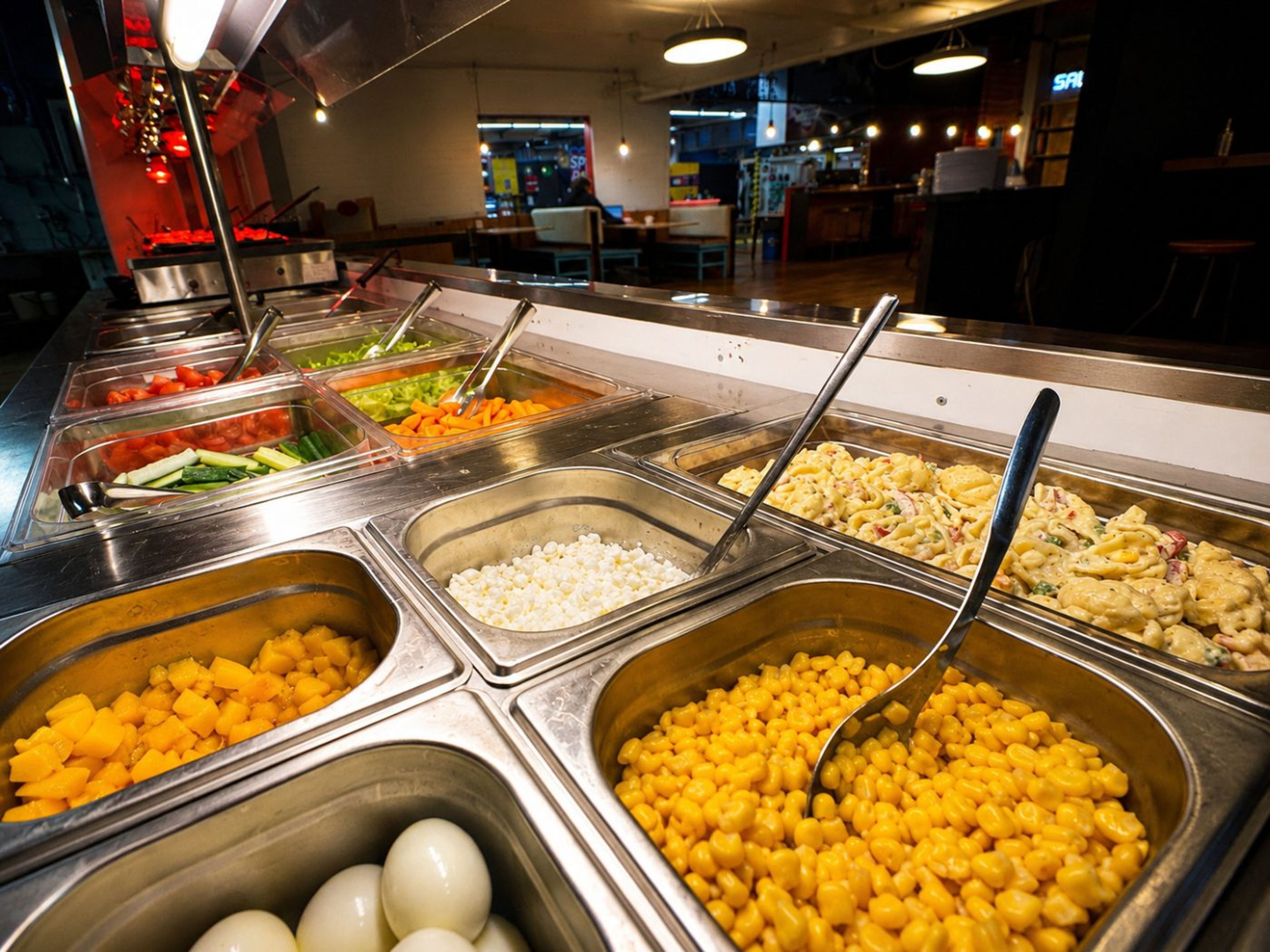 The salad bar trays close up: corn, peach, cottage cheese, pasta salad and vegetables