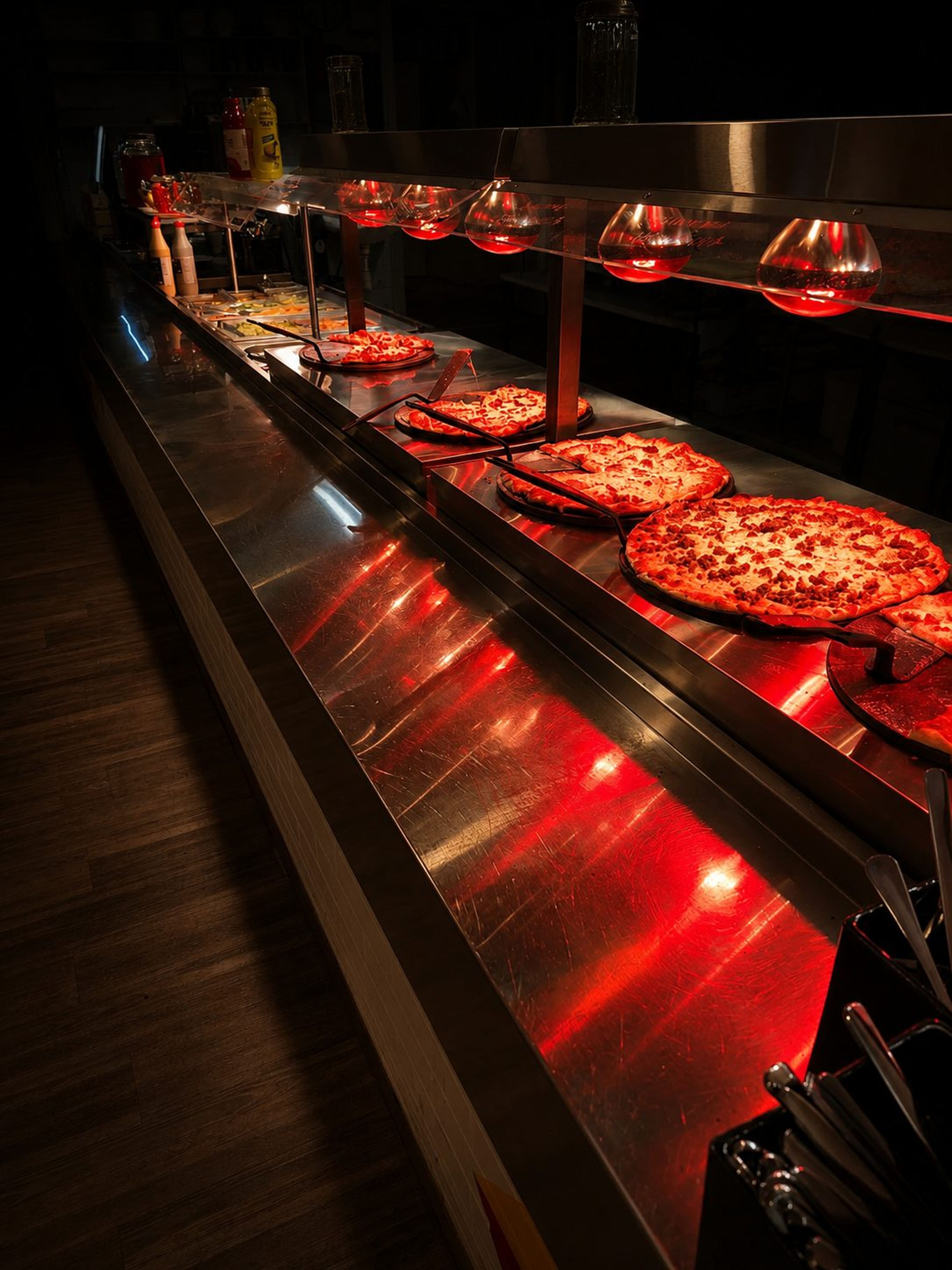 The pizza buffet line: pizzas under red heat lamps and the salad bar at the far end
