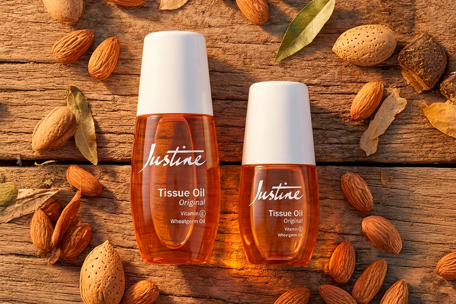 Justine skincare products laid out on a table