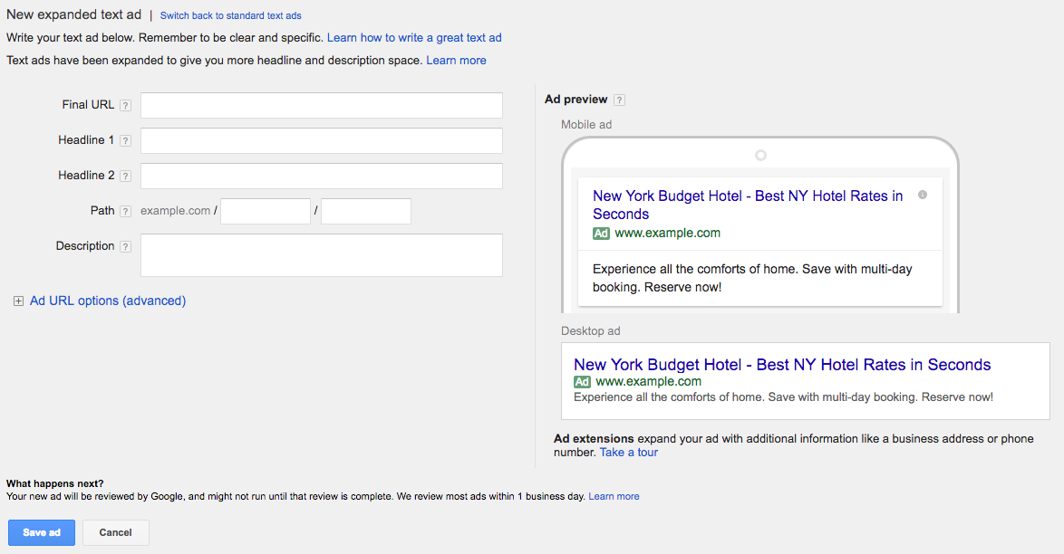 Screenshot of adwords interfacewhen creating a new expanded ad
