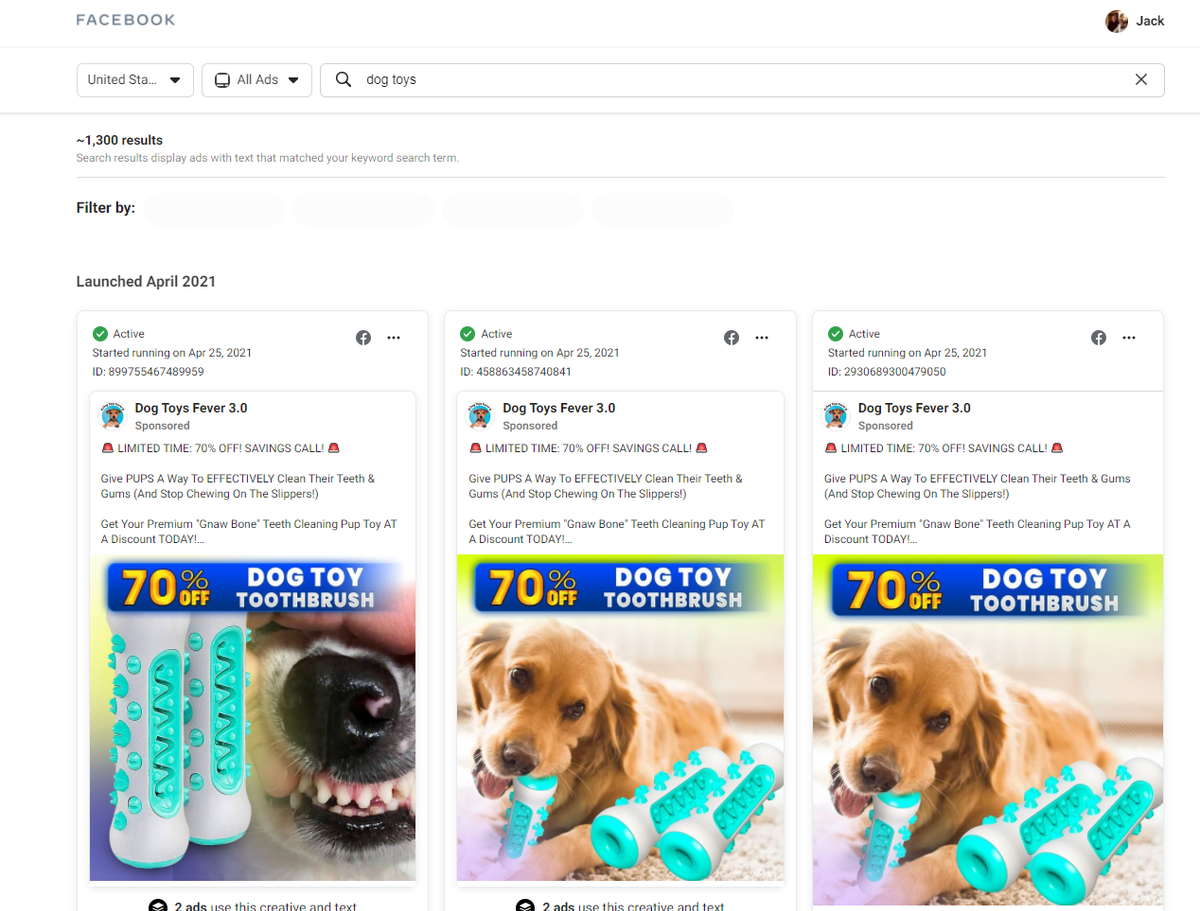 example of using facebook ad library for reviewing competitors creative