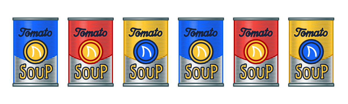 graphic of AdShark branded soup cans for the AdShark soup social.
