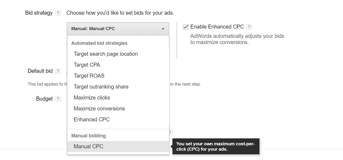 An image of what the bidding strategy settings in adwords looks like.
