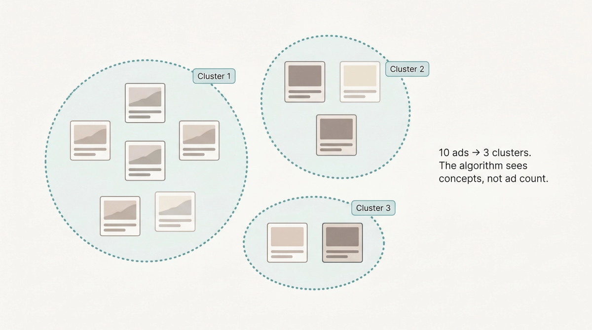 Diagram showing how Meta's Andromeda algorithm clusters 10 similar ads into 3 semantic groups, illustrating that conceptual similarity — not ad count — is what the algorithm evaluates.