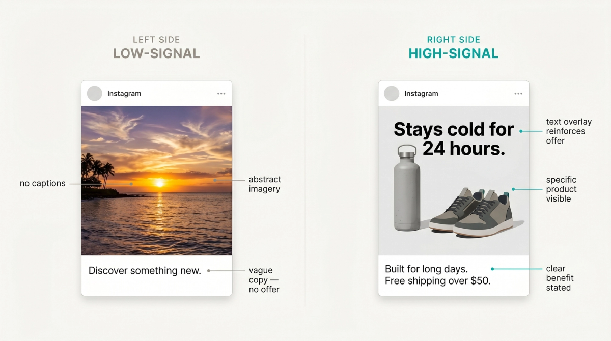 Side-by-side comparison of low-signal and high-signal Meta ad creative. The low-signal ad has abstract imagery, no captions, and vague copy. The high-signal ad has a clear product, text overlay stating the offer, and specific benefit-driven copy.
