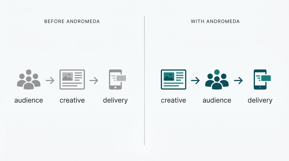 Diagram comparing Meta ad delivery before and after Andromeda: the old model flows audience to creative to delivery, while the new model flows creative to audience to delivery.