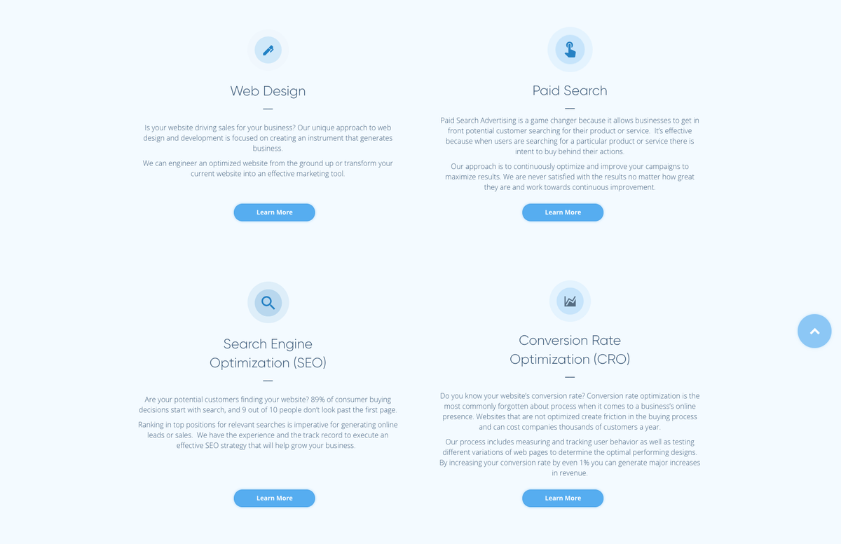 Four call to action images, 'web design, paid search, search engine optimization (SEO), conversion rate optimization (CRO)