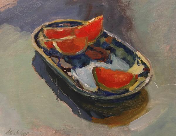 plein air painting of orange slices in a blue bowl on gray background