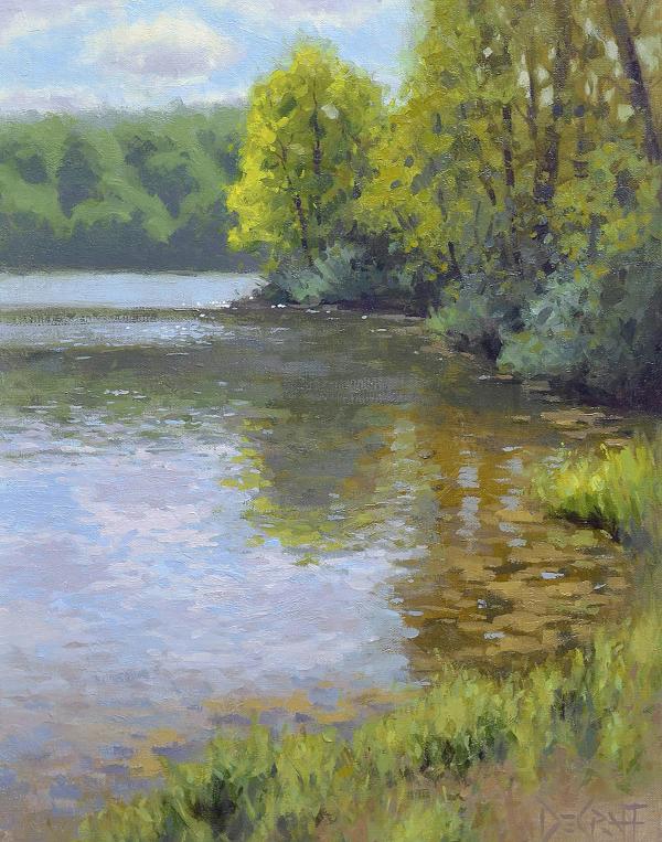 plein air painting of calm river with green trees reflected in sunlit water