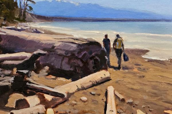 plein air painting of two figures walking on a driftwood-strewn beach