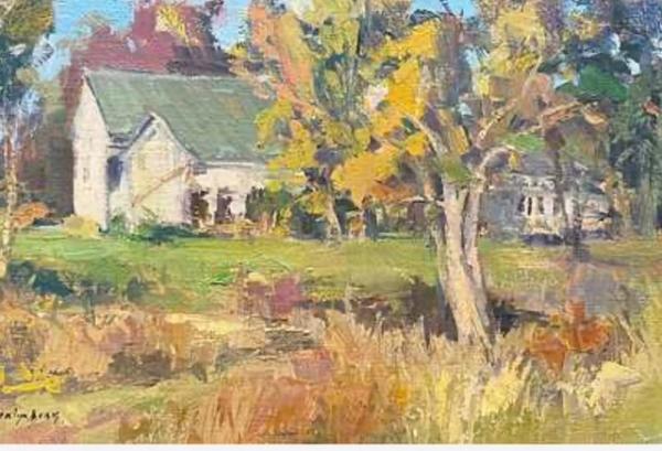 plein air painting of white farmhouse amid golden autumn trees and meadow
