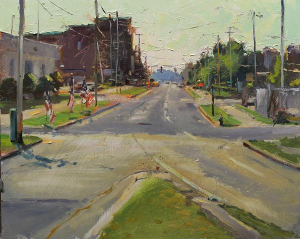 plein air painting of small town intersection with american flags on poles