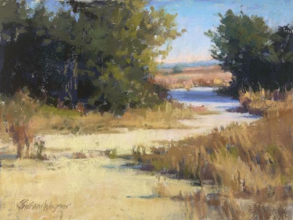 plein air painting of sandy path through golden grasses leading to a river