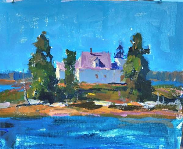plein air painting of lighthouse and buildings on island surrounded by water