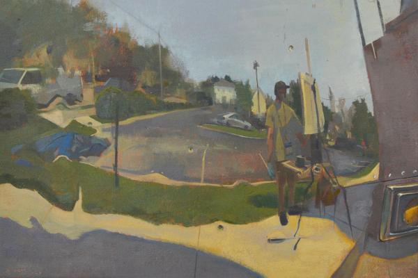plein air painting of artist painting at an easel on a suburban street