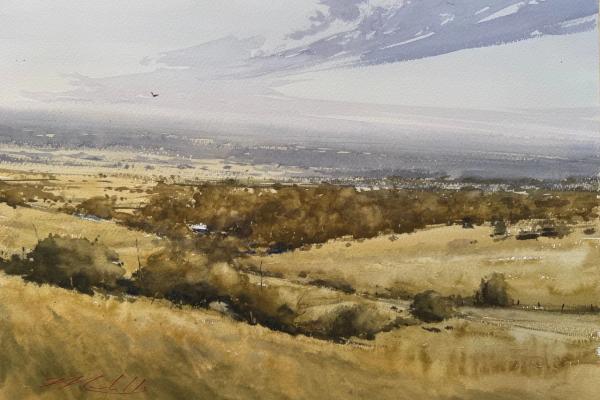 plein air painting of watercolor of rolling golden hills under gray sky