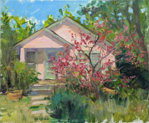 plein air painting of pink cottage with blooming cherry tree in spring