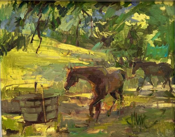 plein air painting of horses grazing in dappled shade under green trees