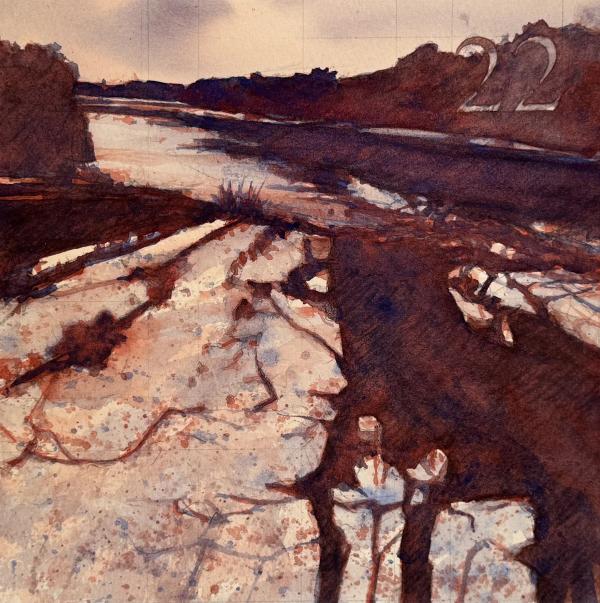 plein air painting of dry riverbed with rocky banks under a moody sky