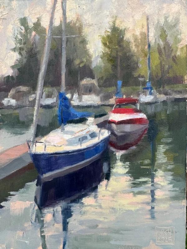 plein air painting of blue sailboat and red motorboat docked at a marina