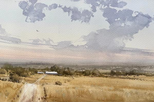 plein air painting of watercolor prairie with dramatic storm clouds
