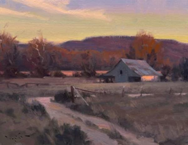 plein air painting of weathered barn at sunset with purple hills and dirt path