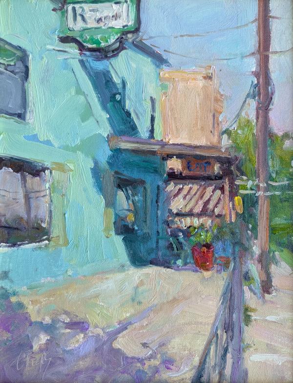 plein air painting of teal corner building with utility pole on sunny street