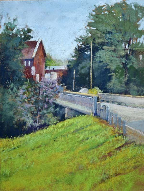 plein air painting of rural road leading past a barn and utility poles