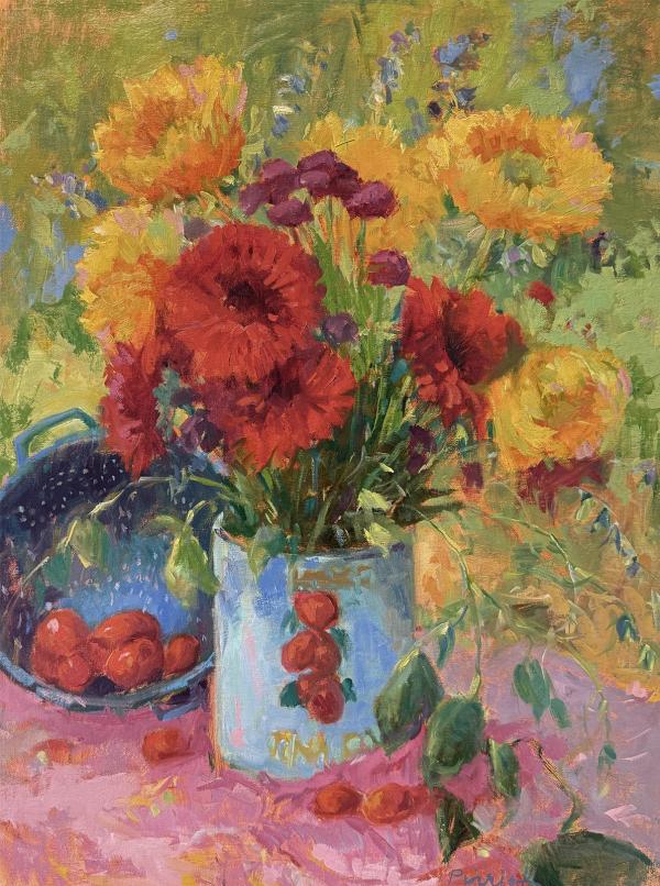 plein air painting of red and yellow flowers in a blue vase with cherries