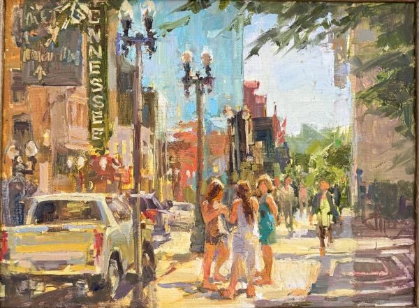plein air painting of city street with tennessee theatre sign and figures