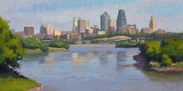 plein air painting of city skyline with tall buildings reflected in a river