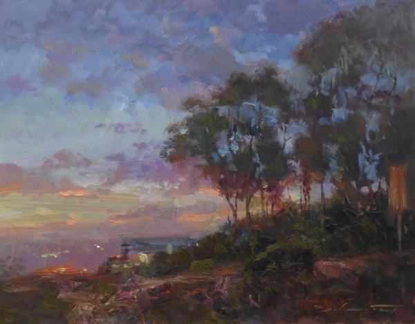 plein air painting of trees silhouetted against a dusky purple sky over calm water