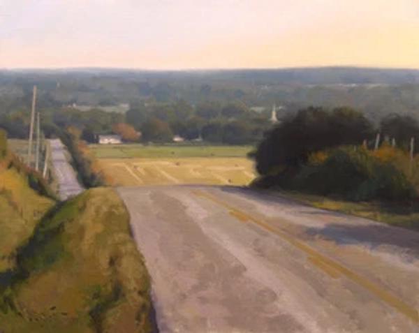 plein air painting of country road at dusk with rolling hills and farms