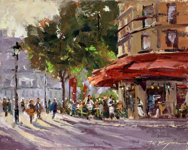 plein air painting of paris street cafe with red awning and pedestrians